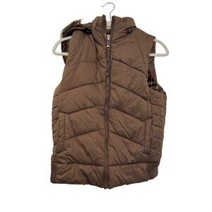 Jonathan Stone Brown Puffer Vest Women’s L 14/16 Removable Hood Plaid Lined